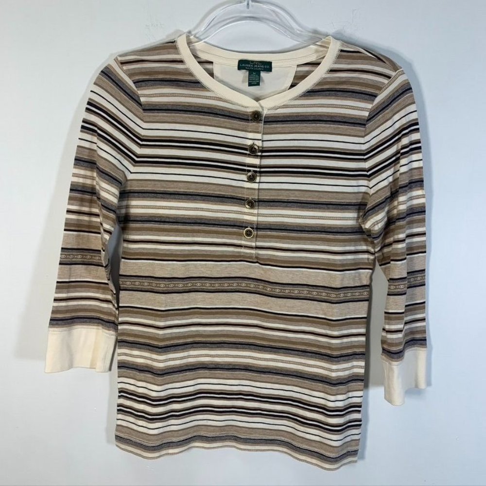 RL Ralph Lauren Womens Henley Shirt Beige Striped Cotton M Western Cottage Boho